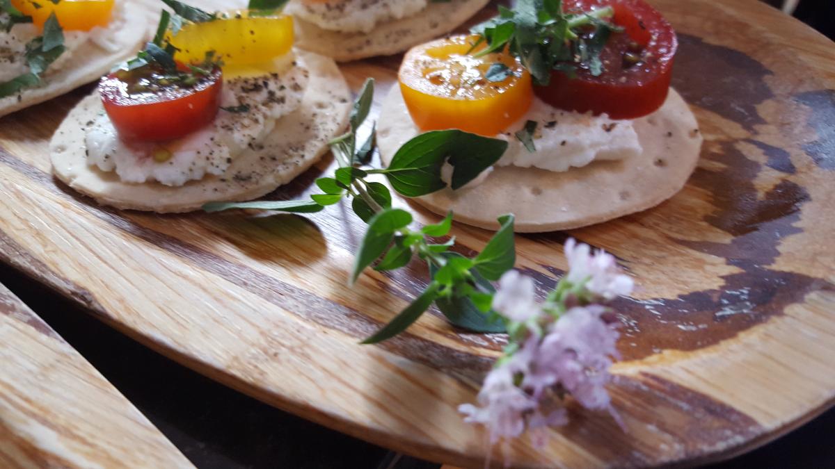Small bites, tomato basil flatbreads